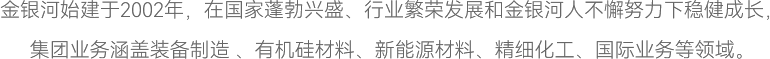 永利3044noc始建于2002年，在国家蓬勃兴盛、行业繁荣发展和永利3044noc人不懈努力下稳健成长，
集团业务涵盖装备制造 、有机硅材料、新能源材料、精细化工、国际业务等领域。